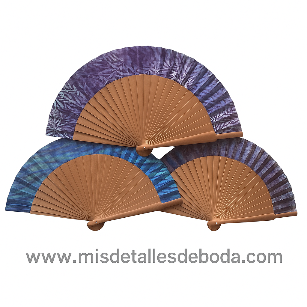 Abanico madera peral y tela estampada 23cm